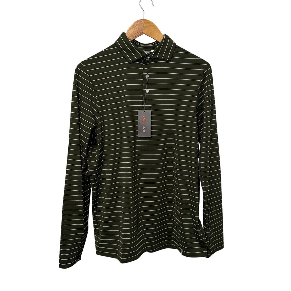 KJUS Polo Men's Medium 50 Soren Melange Stripe Long Sleeve UPF 50 Olive Golf